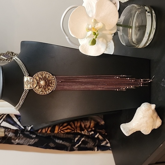 Tribal gold necklace with long tassels - Picture 1 of 6